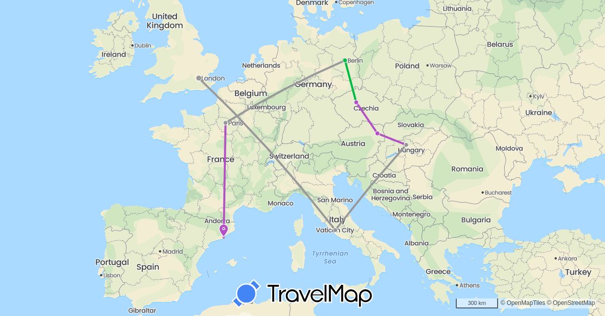 TravelMap itinerary: driving, bus, plane, train in Austria, Czech Republic, Germany, Spain, France, United Kingdom, Hungary, Italy (Europe)
